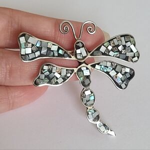 Vintage Boho Sterling Silver Mother of Pearl Abalone Mosaic Dragonfly Brooch Pin